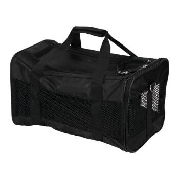 Sac de transport pour animaux noir avec des côtés en maille, des poignées robustes et une fermeture éclair, conçu pour transporter de petits animaux.